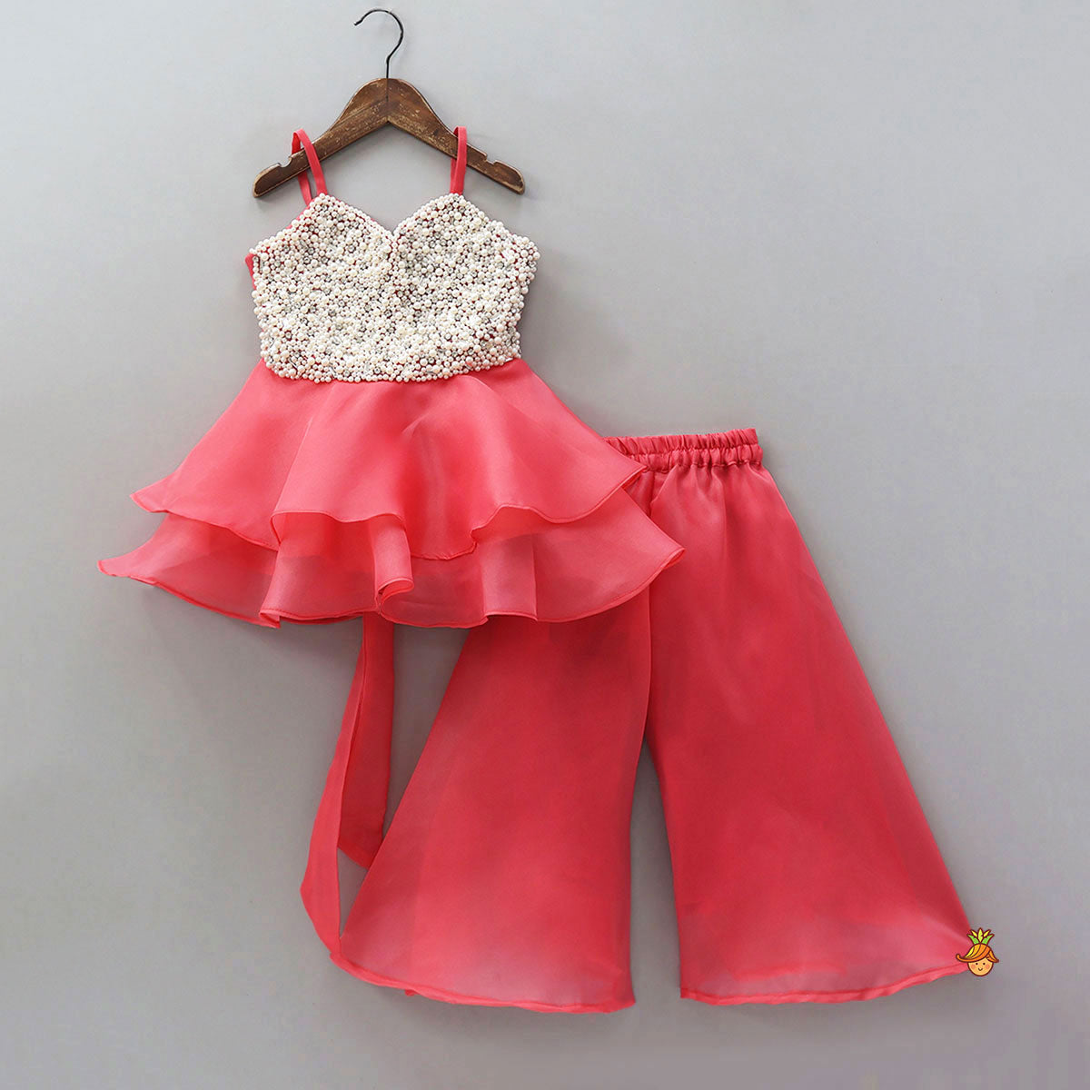 Heavy Yoke-Embroidered Strappy Shimmery Top And Palazzo