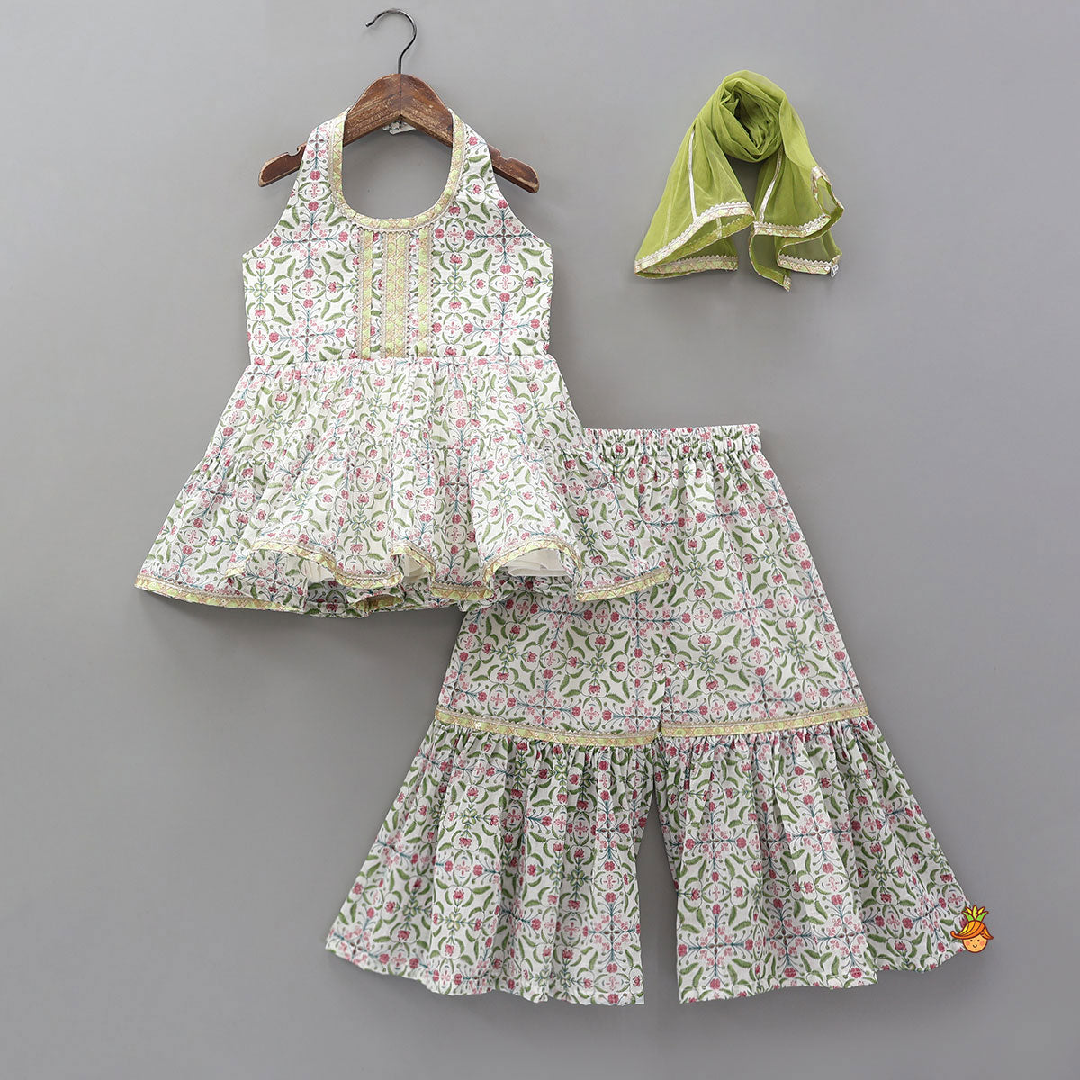 Halter Neck Printed Kurti And Sharara With Contrasting Dupatta