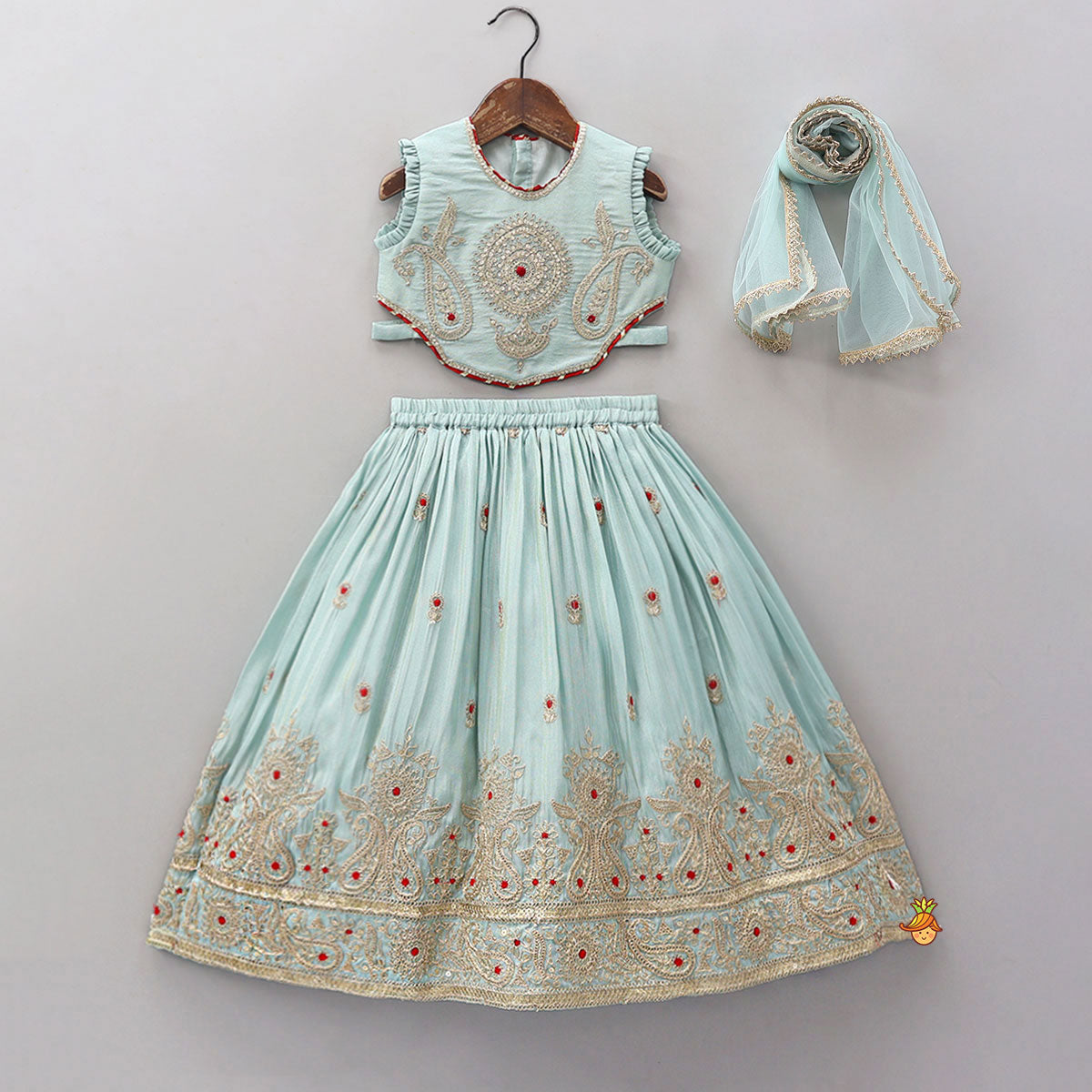 Embroidered Shimmer Crop Top And Lehenga With Net Dupatta