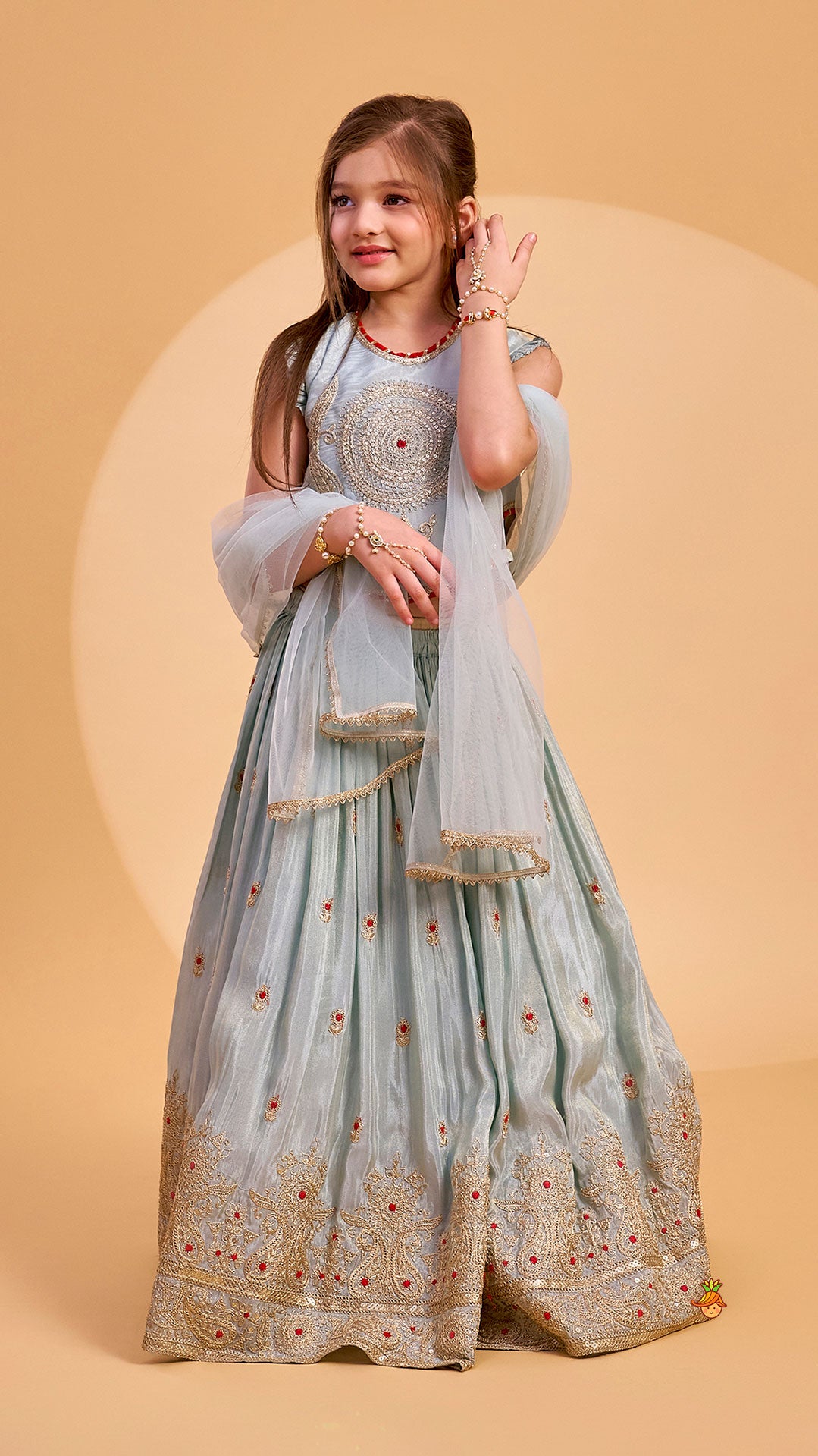 Embroidered Shimmer Crop Top And Lehenga With Net Dupatta