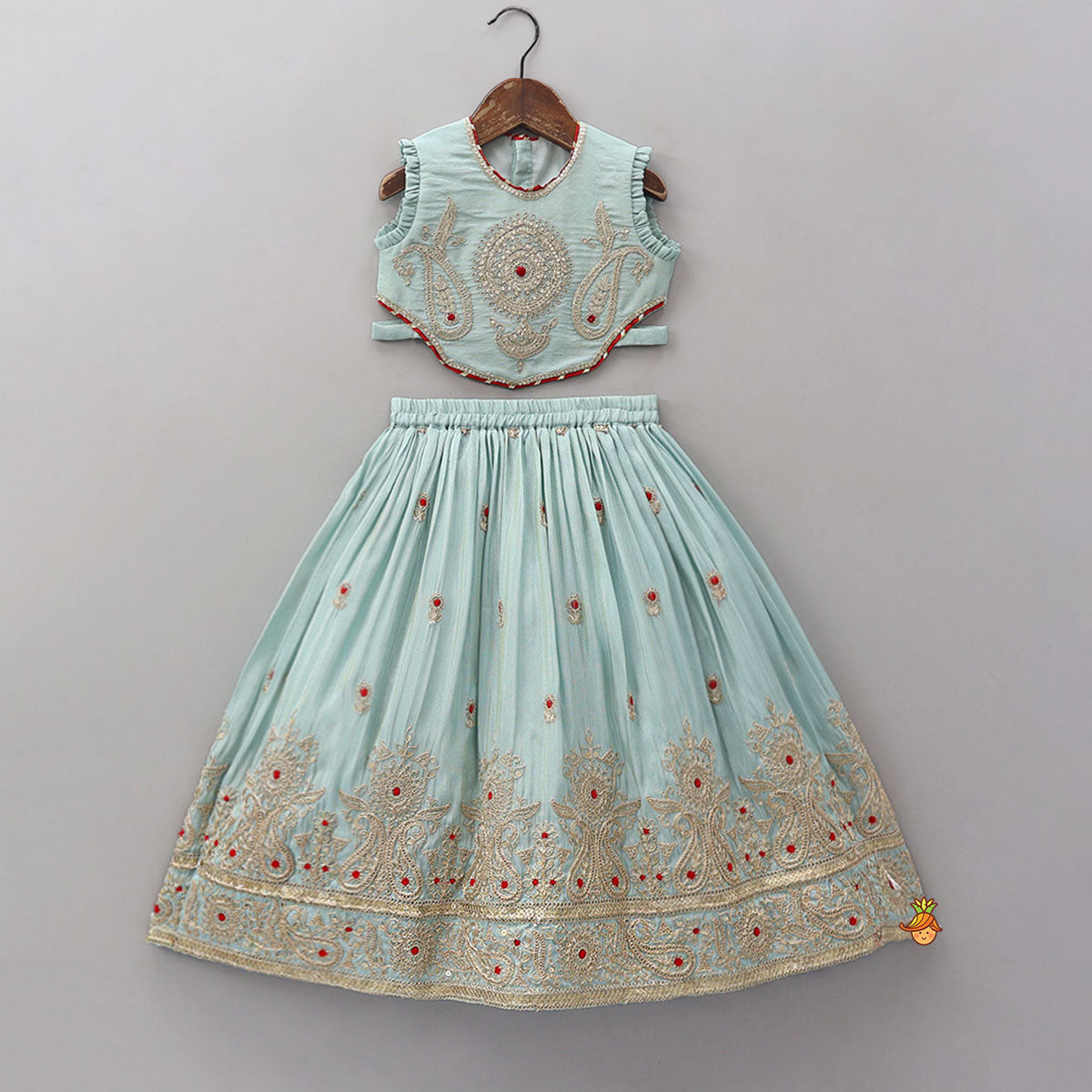 Embroidered Shimmer Top And Lehenga With Net Dupatta