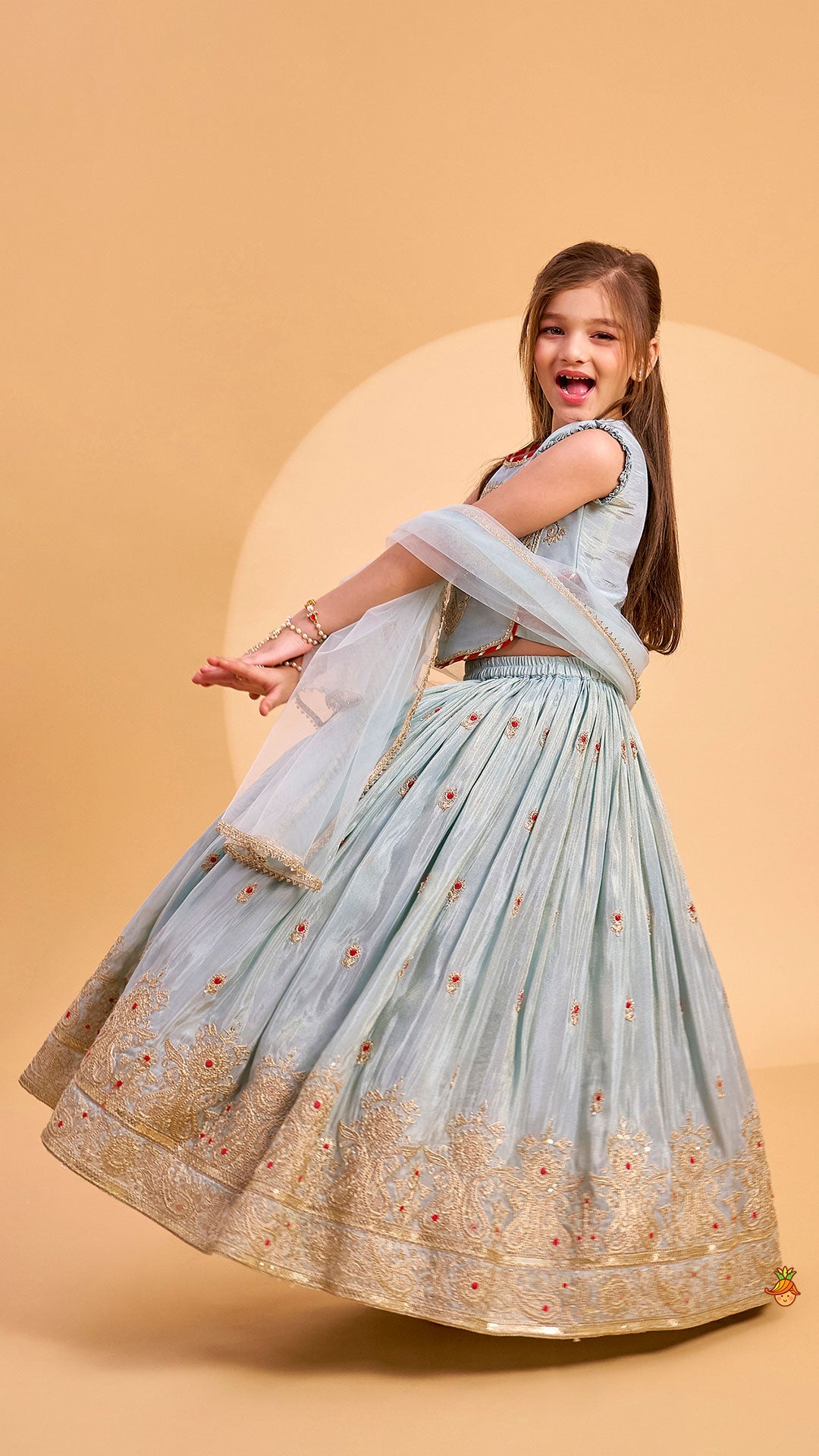 Embroidered Shimmer Crop Top And Lehenga With Net Dupatta
