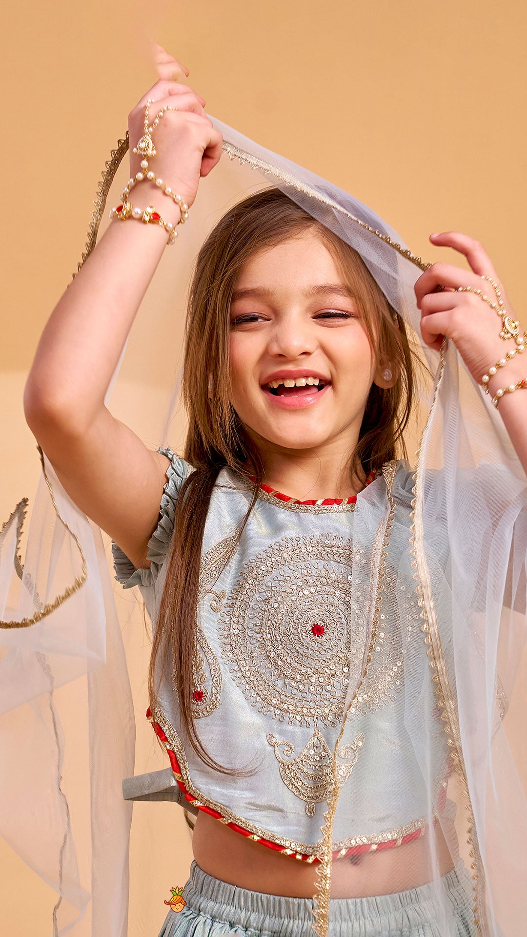 Embroidered Shimmer Crop Top And Lehenga With Net Dupatta