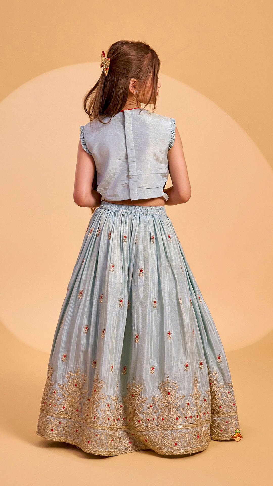 Embroidered Shimmer Crop Top And Lehenga With Net Dupatta