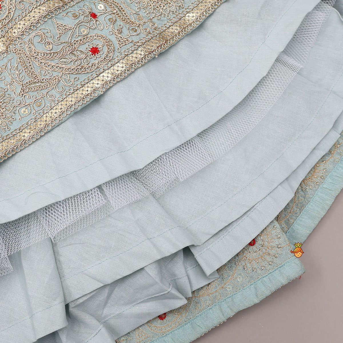 Embroidered Shimmer Crop Top And Lehenga With Net Dupatta