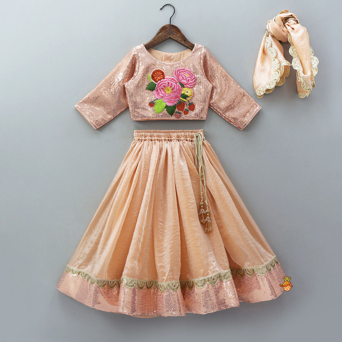 Sequined Crop Top And Matching Sheen Lehenga With Scalloped Lace Work Dupatta