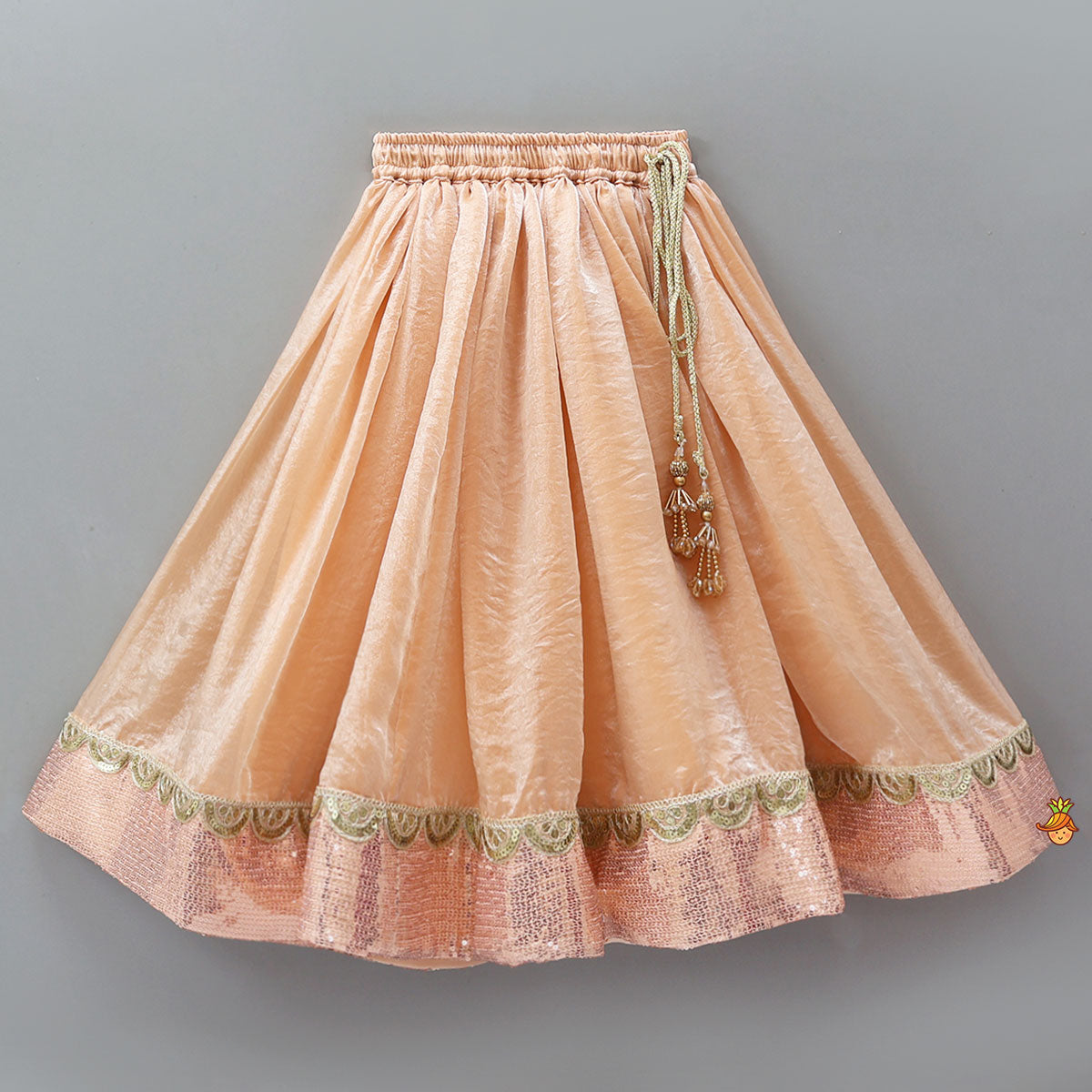 Sequined Crop Top And Matching Sheen Lehenga With Scalloped Lace Work Dupatta