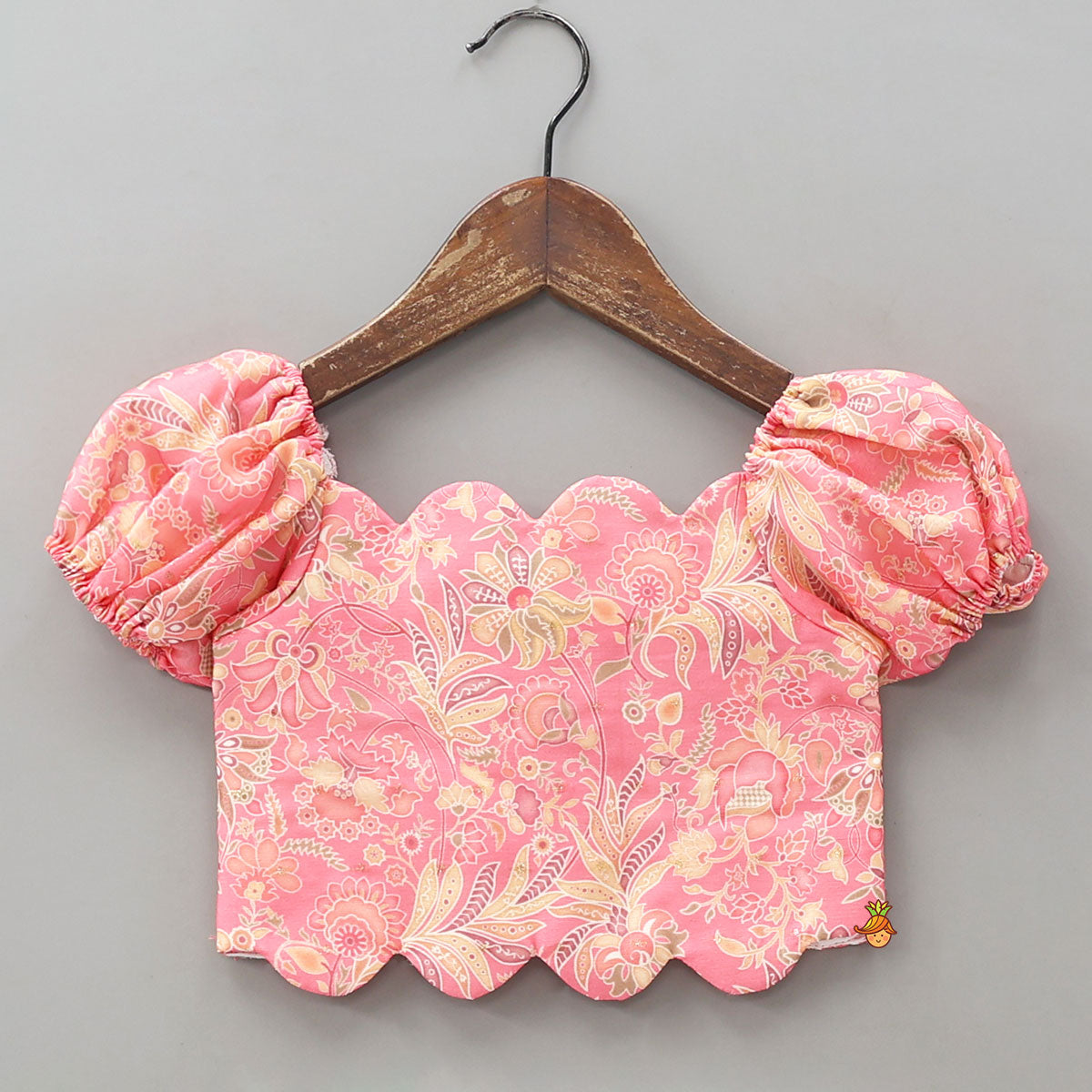 Floral Printed Scalloped Crop Top And Flared Palazzo With Contrasting Dupatta