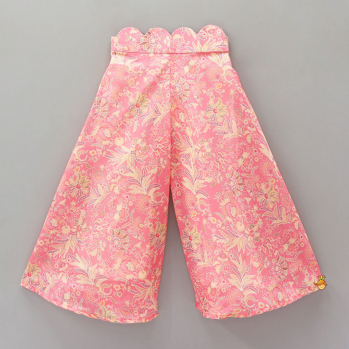 Floral Printed Scalloped Crop Top And Flared Palazzo With Contrasting Dupatta