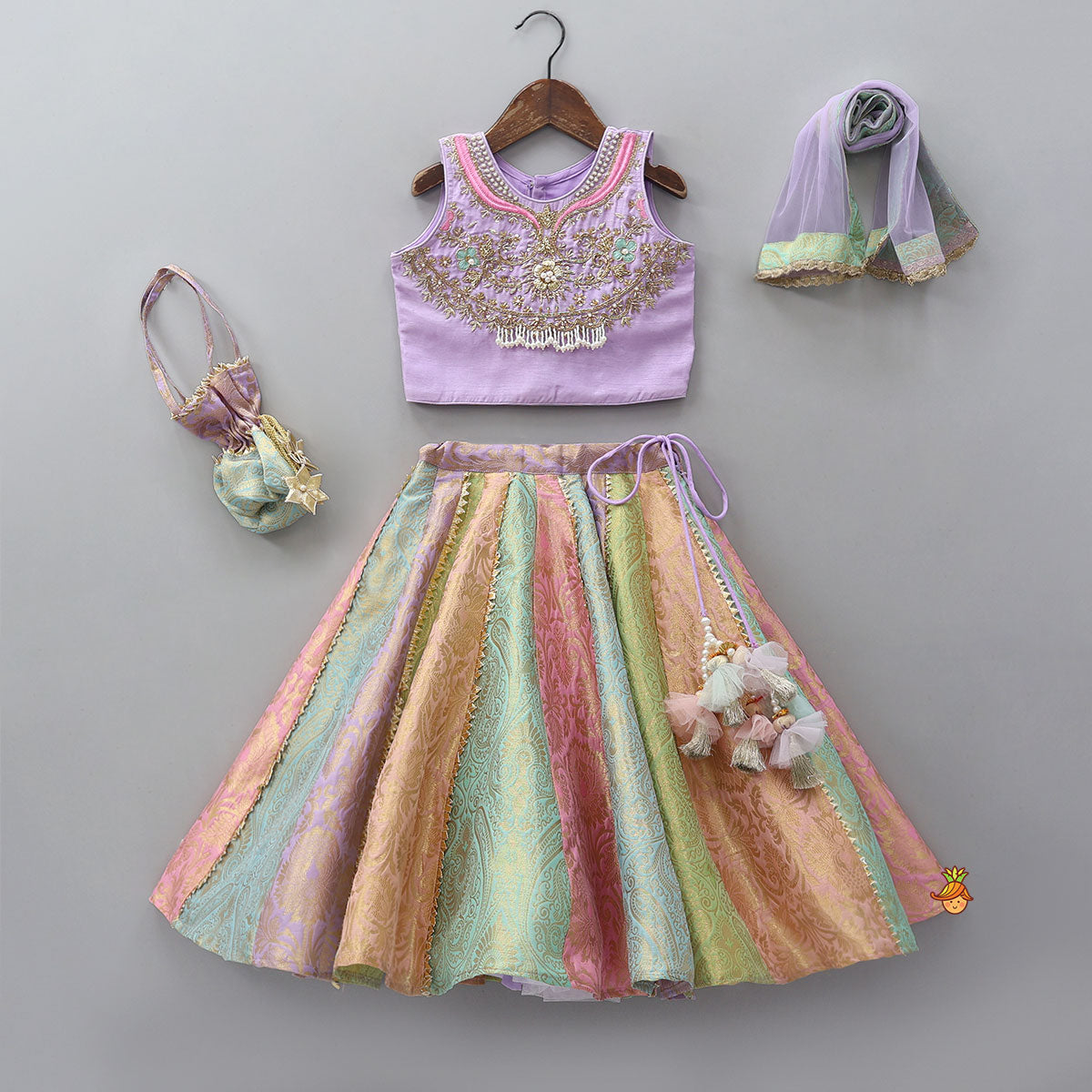 Intricate Embroidered Top And Brocade Lehenga With Matching Net Dupatta And Brocade Potli Bag