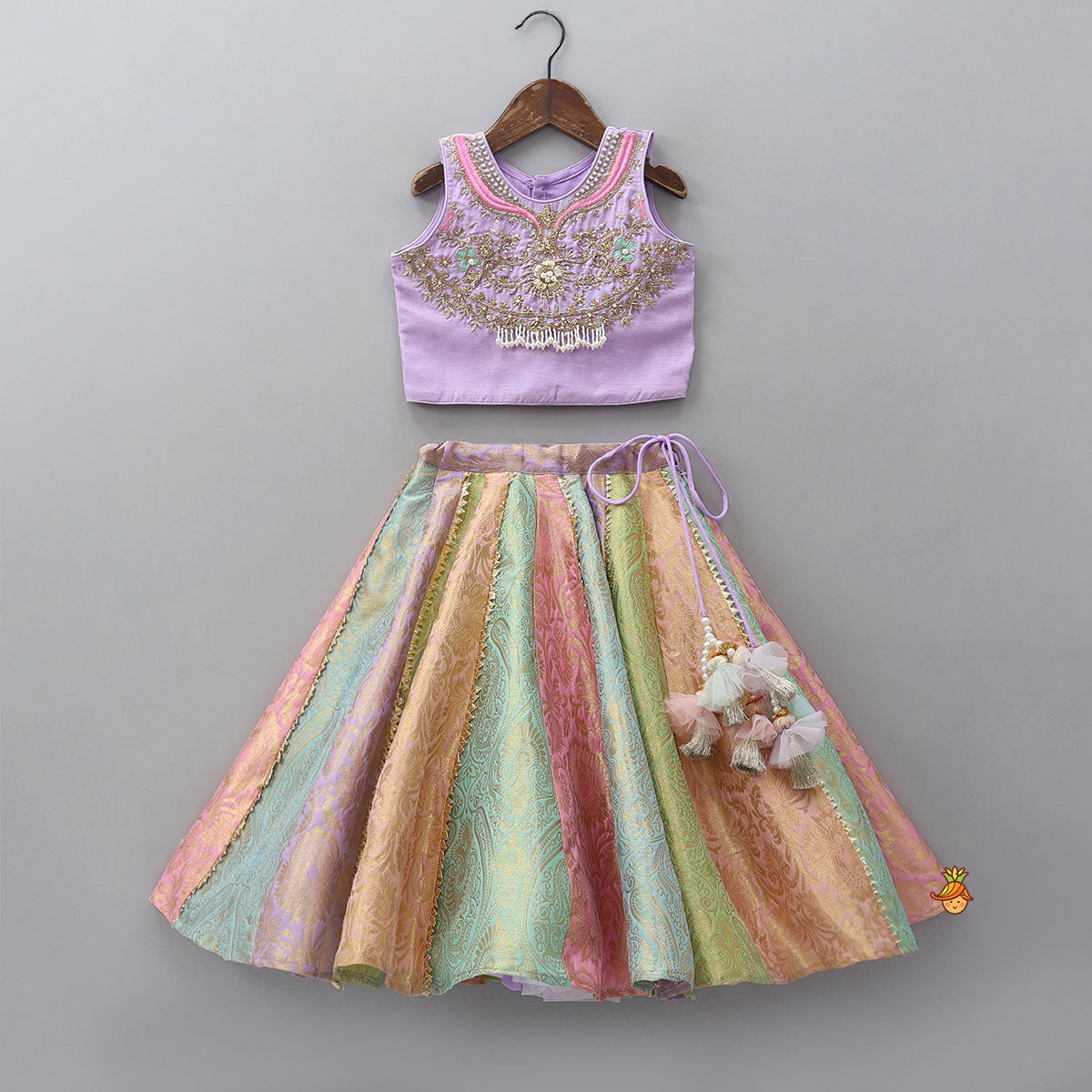 Intricate Embroidered Top And Brocade Lehenga With Matching Net Dupatta And Brocade Potli Bag