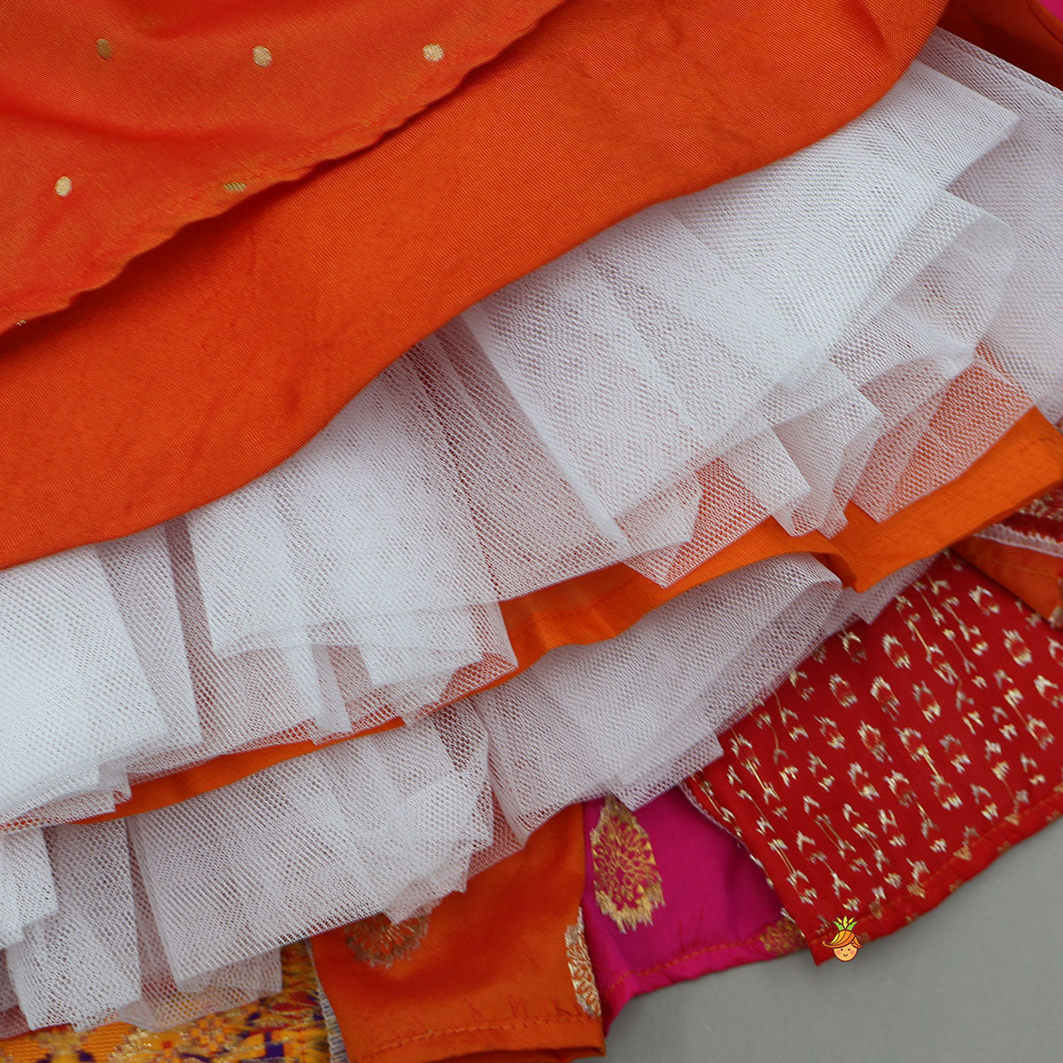 Embroidered Elegant Top And Brocade Lehenga With Matching Net Dupatta And Brocade Potli Bag