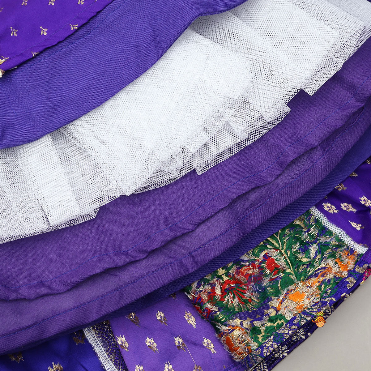 Gorgeous Embroidered Top And Brocade Lehenga With Matching Net Dupatta And Brocade Potli Bag