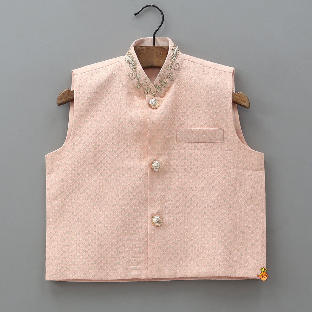 Ethnic Kurta With Embroidered Collar Jacket And Pyjama