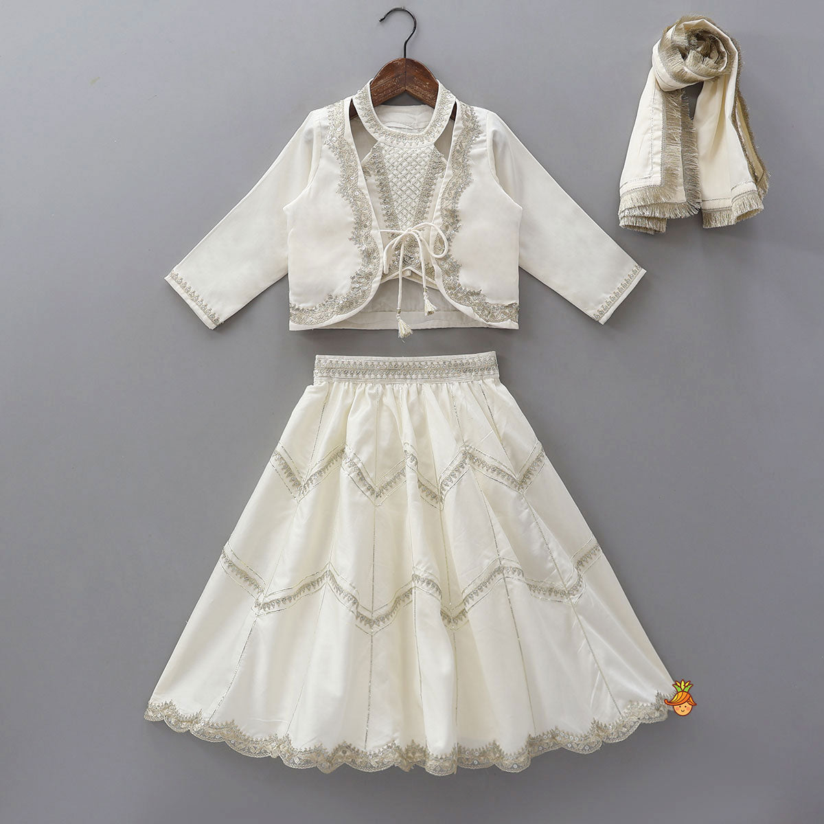 Halter Neck Embellished Top With Matching Jacket And Lehenga With Fringed Dupatta