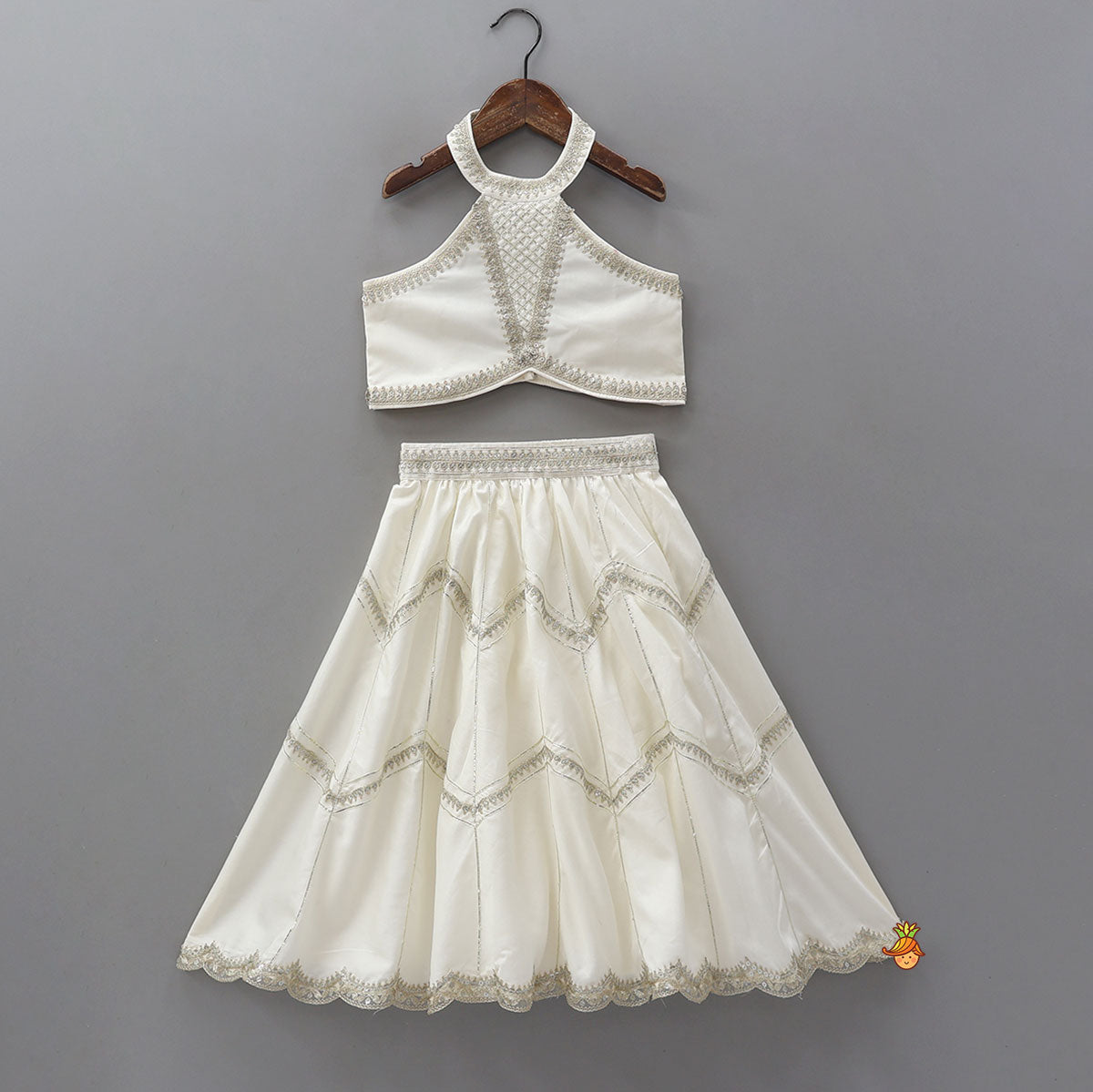 Halter Neck Embellished Top With Matching Jacket And Lehenga With Fringed Dupatta