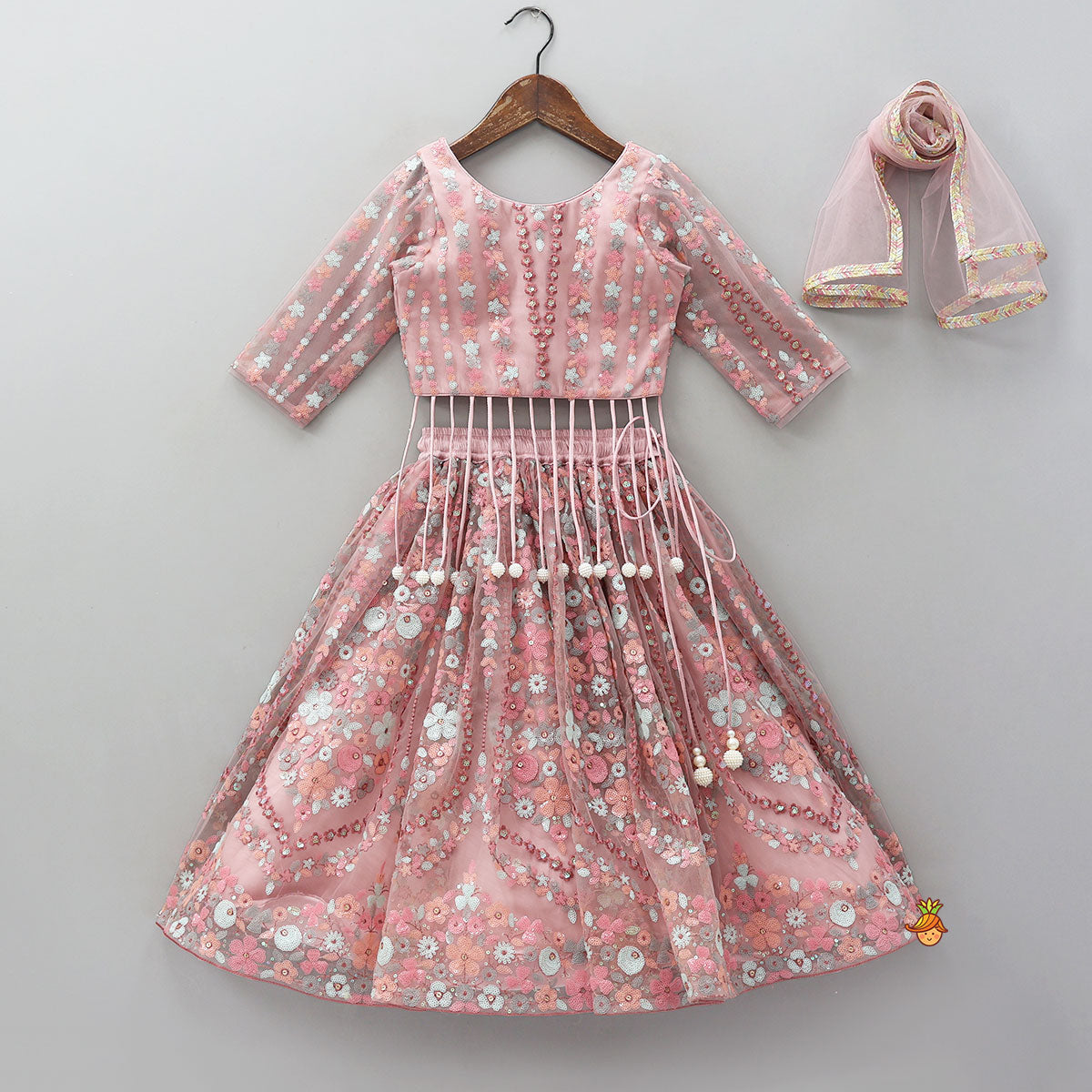 Sequined Crop Top And Lehenga With Net Dupatta