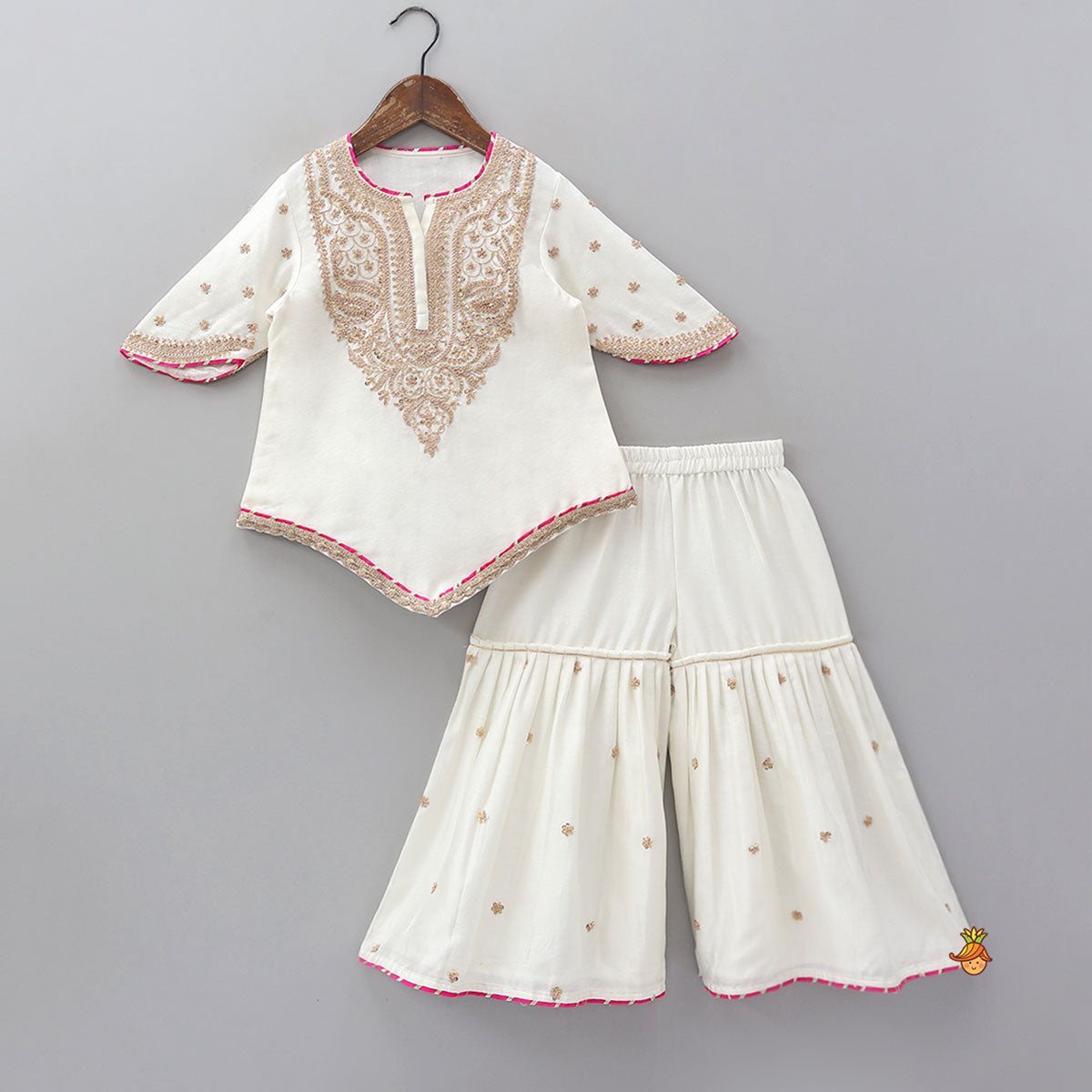 Stylish Sleeves Embroidered Kurti And Sharara With Contrasting Dupatta