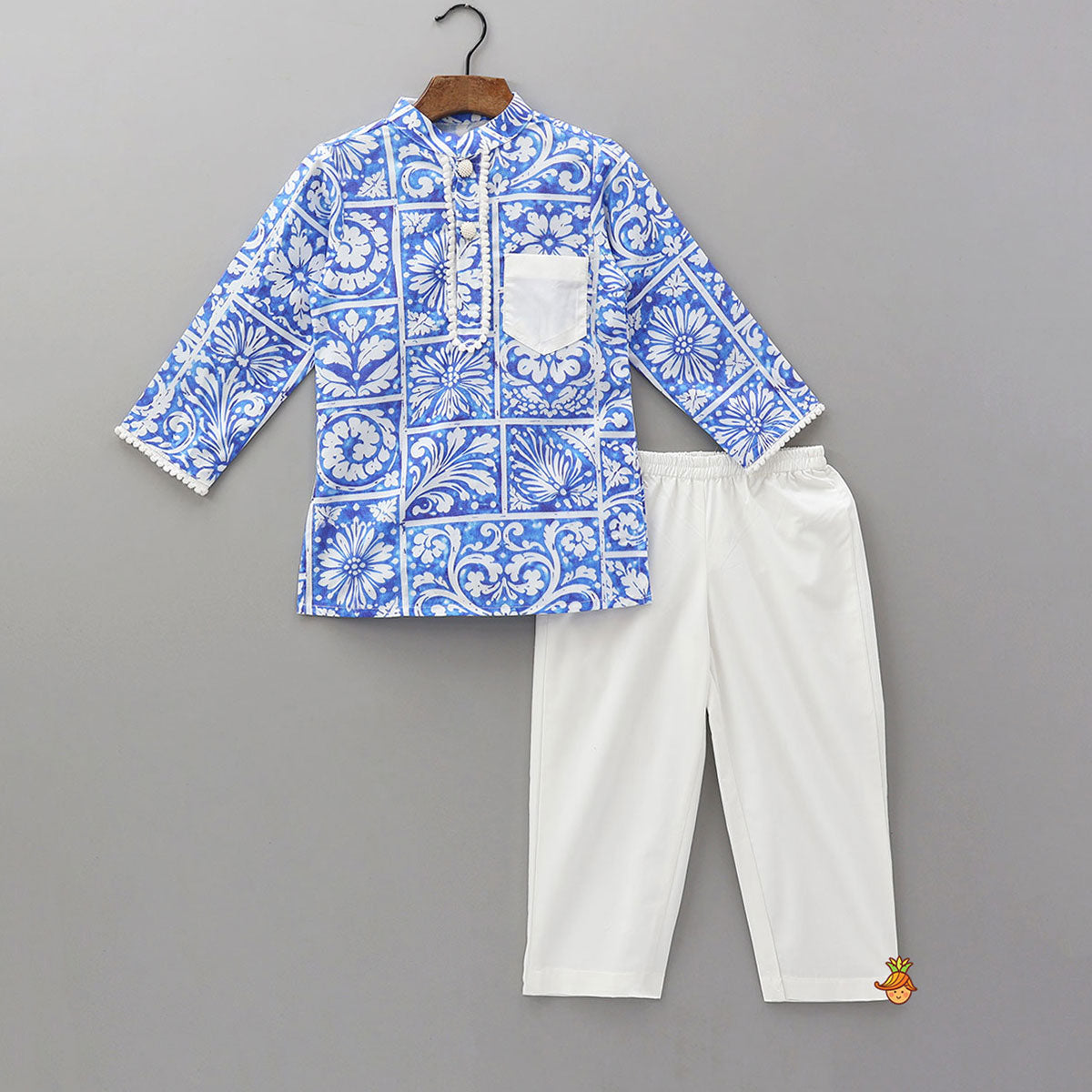 Pom-Pom Lace Work Printed Kurta And Pyjama