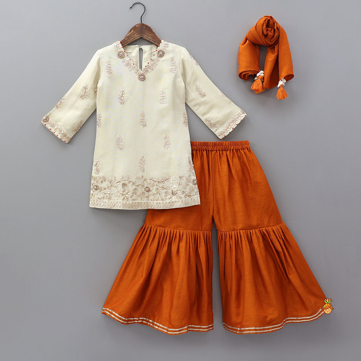Gota Work Shimmery Kurti And Sharara With Fringes Detailed Dupatta
