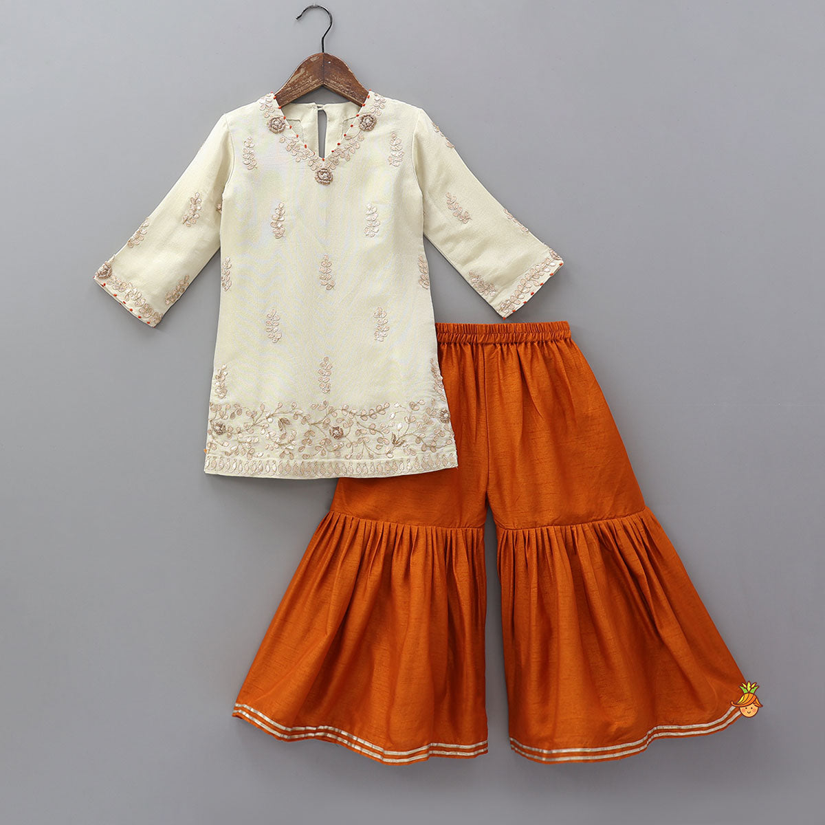 Gota Work Shimmery Kurti And Sharara With Fringes Detailed Dupatta