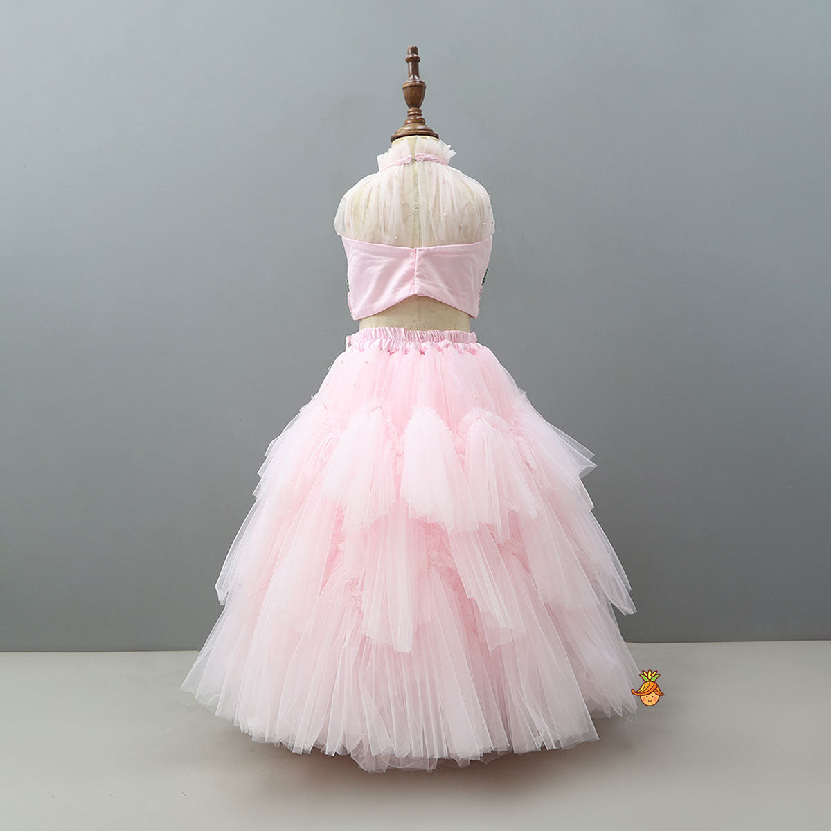 Halter Neck Embroidered Crop Top And Layered Net Lehenga