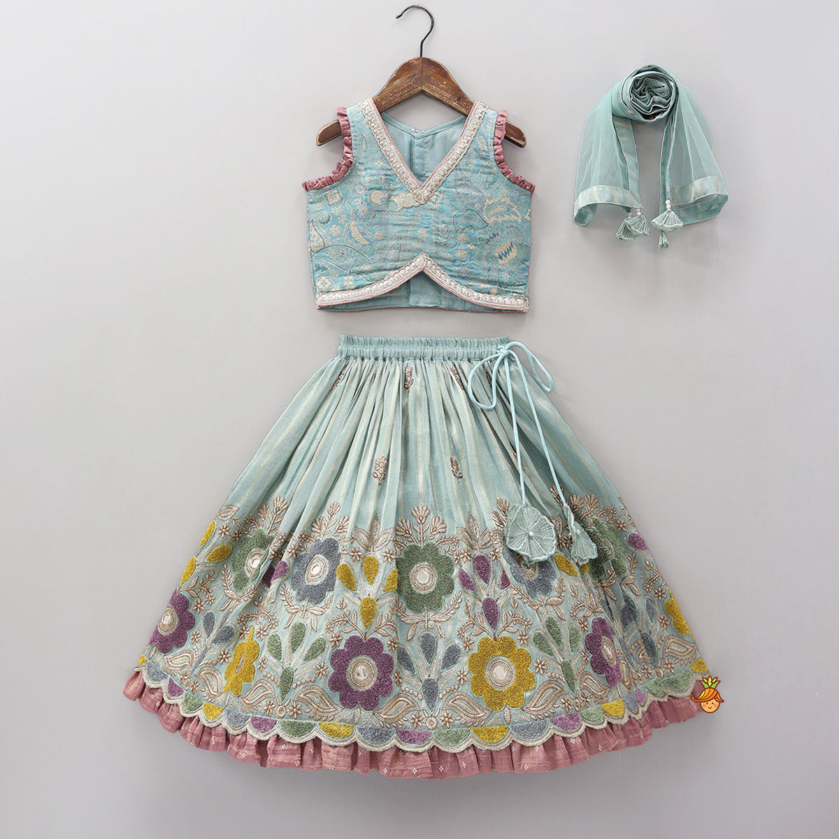 Gorgeous V Neck Top And Shimmery Lehenga With Matching Net Dupatta