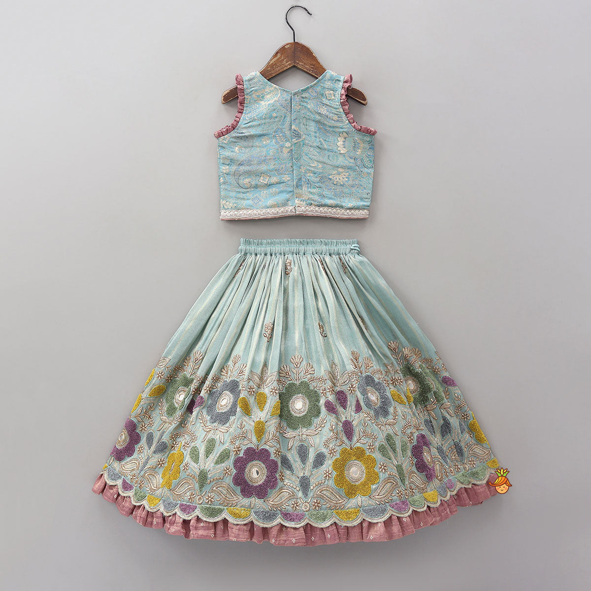 Gorgeous V Neck Top And Shimmery Lehenga With Matching Net Dupatta