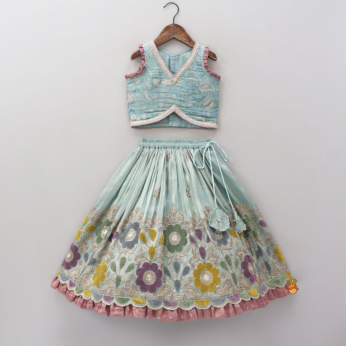 Gorgeous V Neck Top And Shimmery Lehenga With Matching Net Dupatta