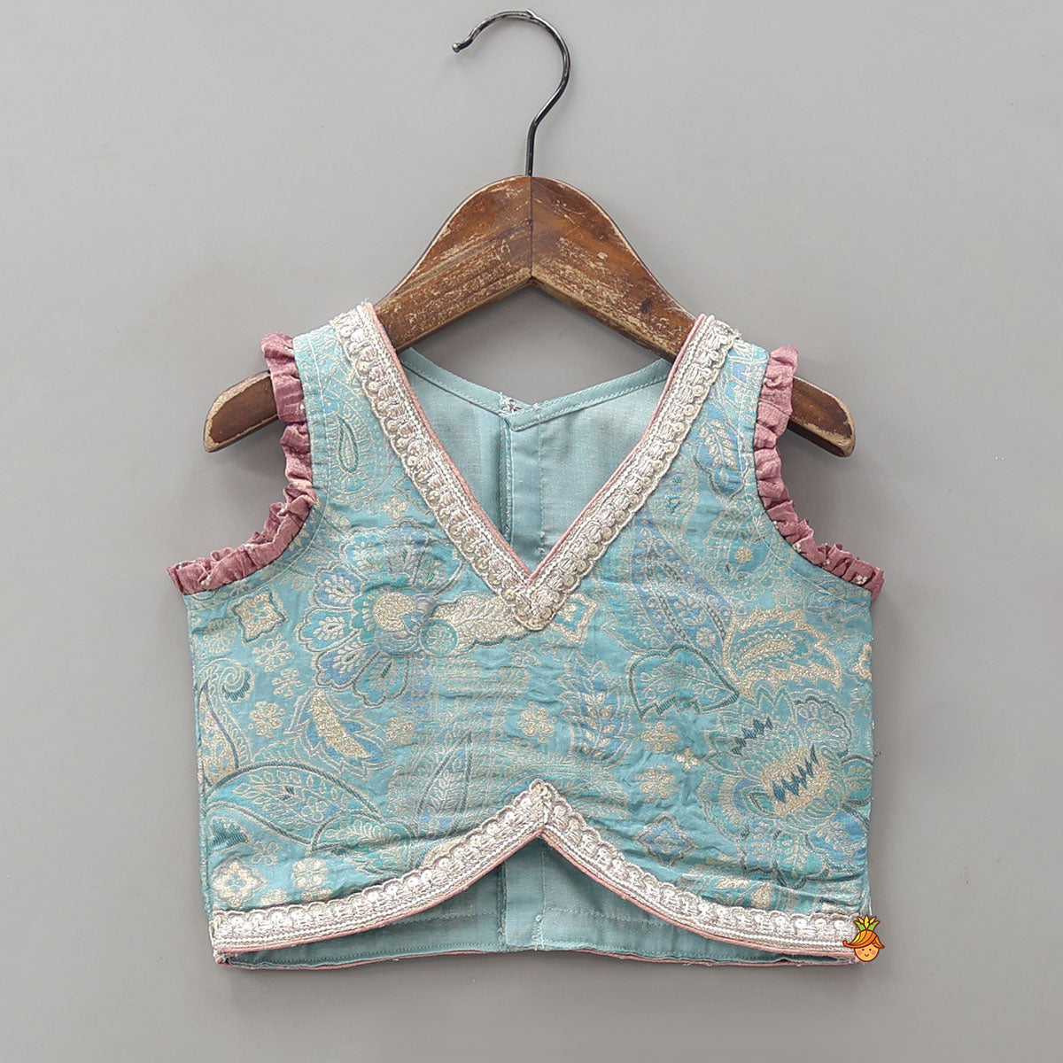 Gorgeous V Neck Top And Shimmery Lehenga With Matching Net Dupatta