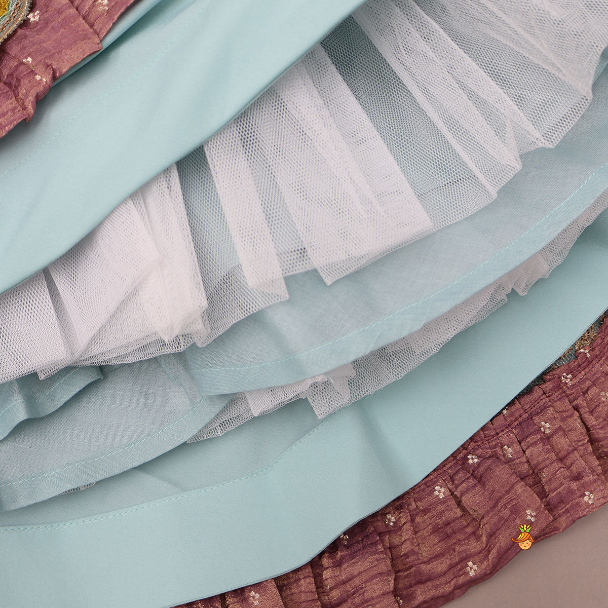 Gorgeous V Neck Top And Shimmery Lehenga With Matching Net Dupatta