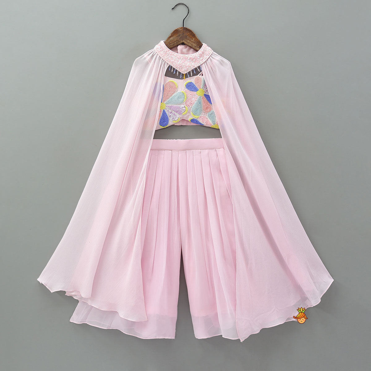 Embroidered Cape-Style Crop Top And Flared Palazzo