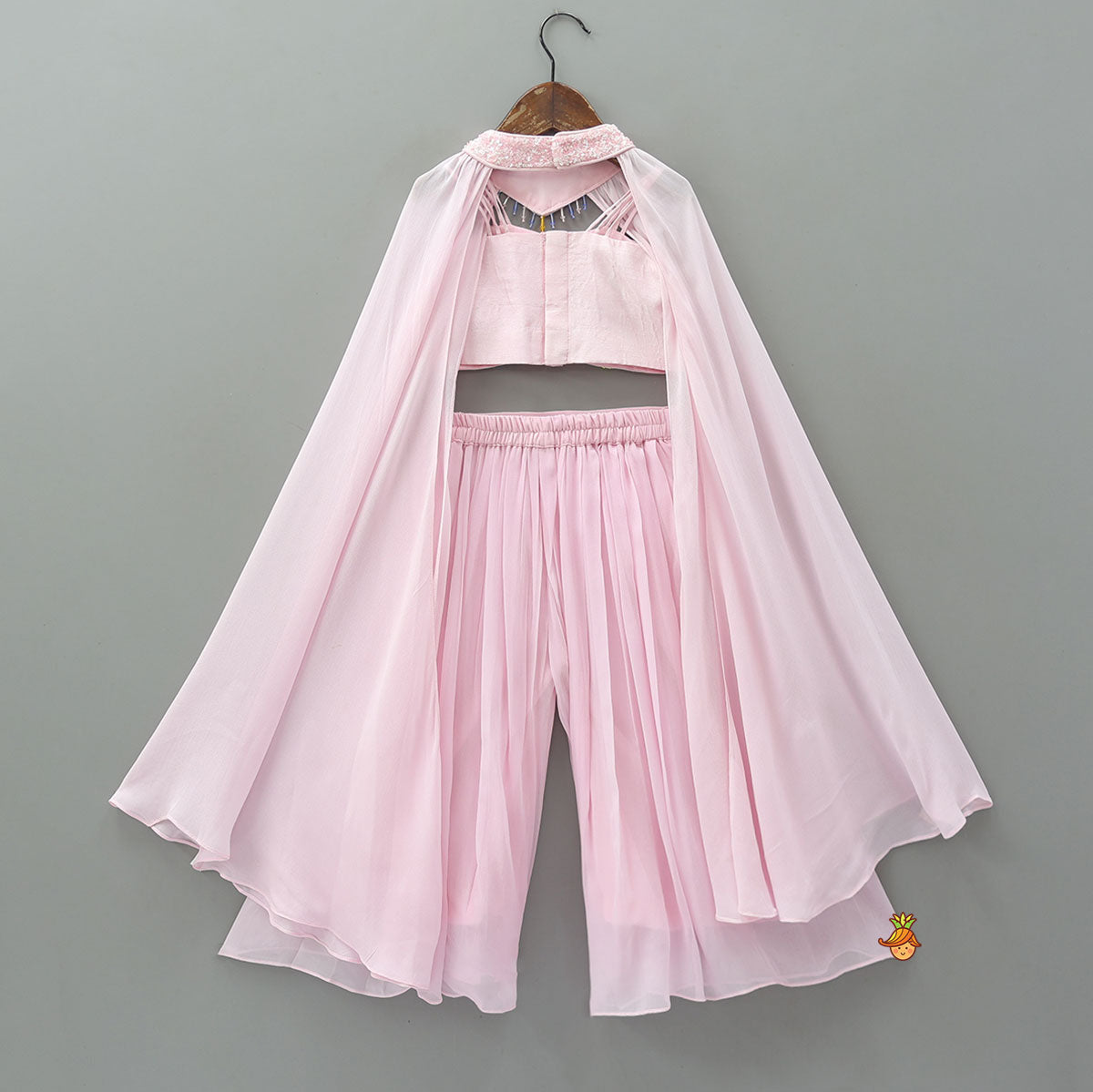 Embroidered Cape-Style Crop Top And Flared Palazzo