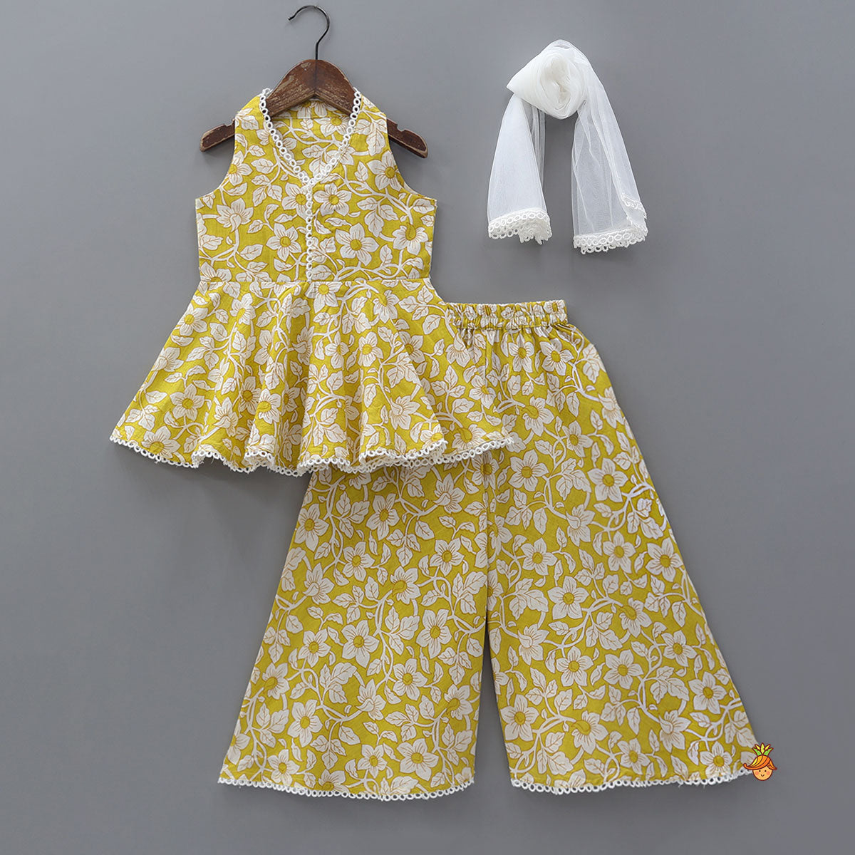Sleeveless Printed Cotton Kurti And Flared Palazzo With Net Dupatta