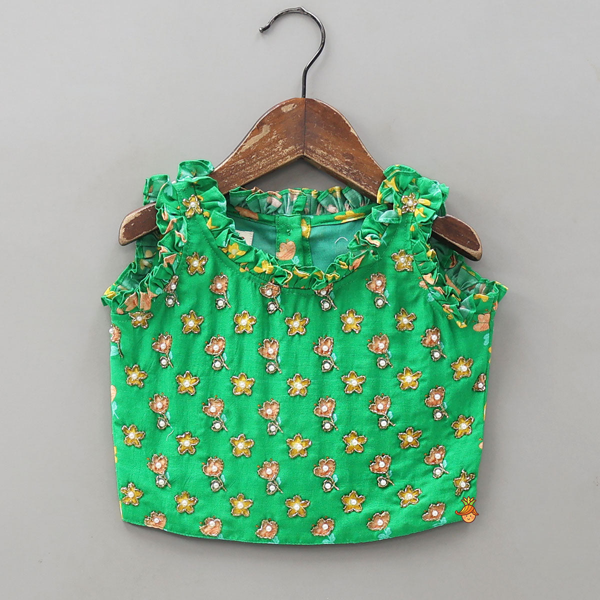 Frilled Neckline Crop Top And Lehenga With Matching Net Dupatta