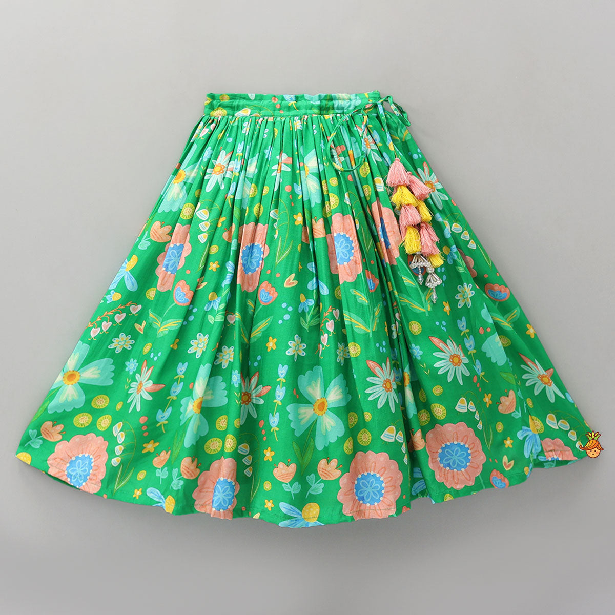 Frilled Neckline Crop Top And Lehenga With Matching Net Dupatta