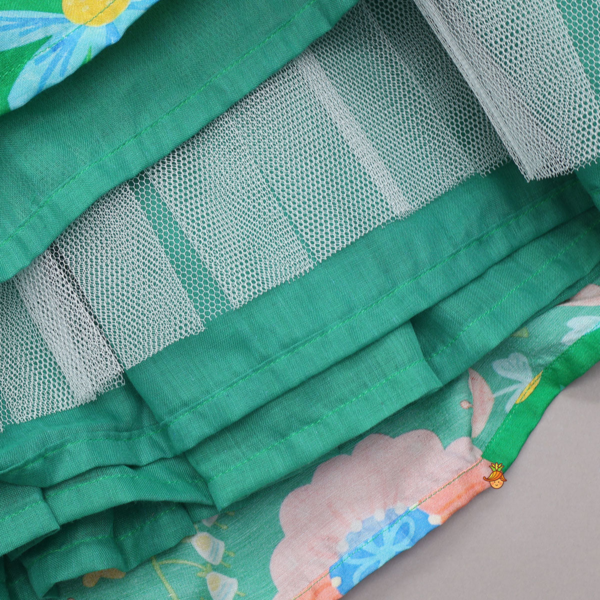 Frilled Neckline Crop Top And Lehenga With Matching Net Dupatta