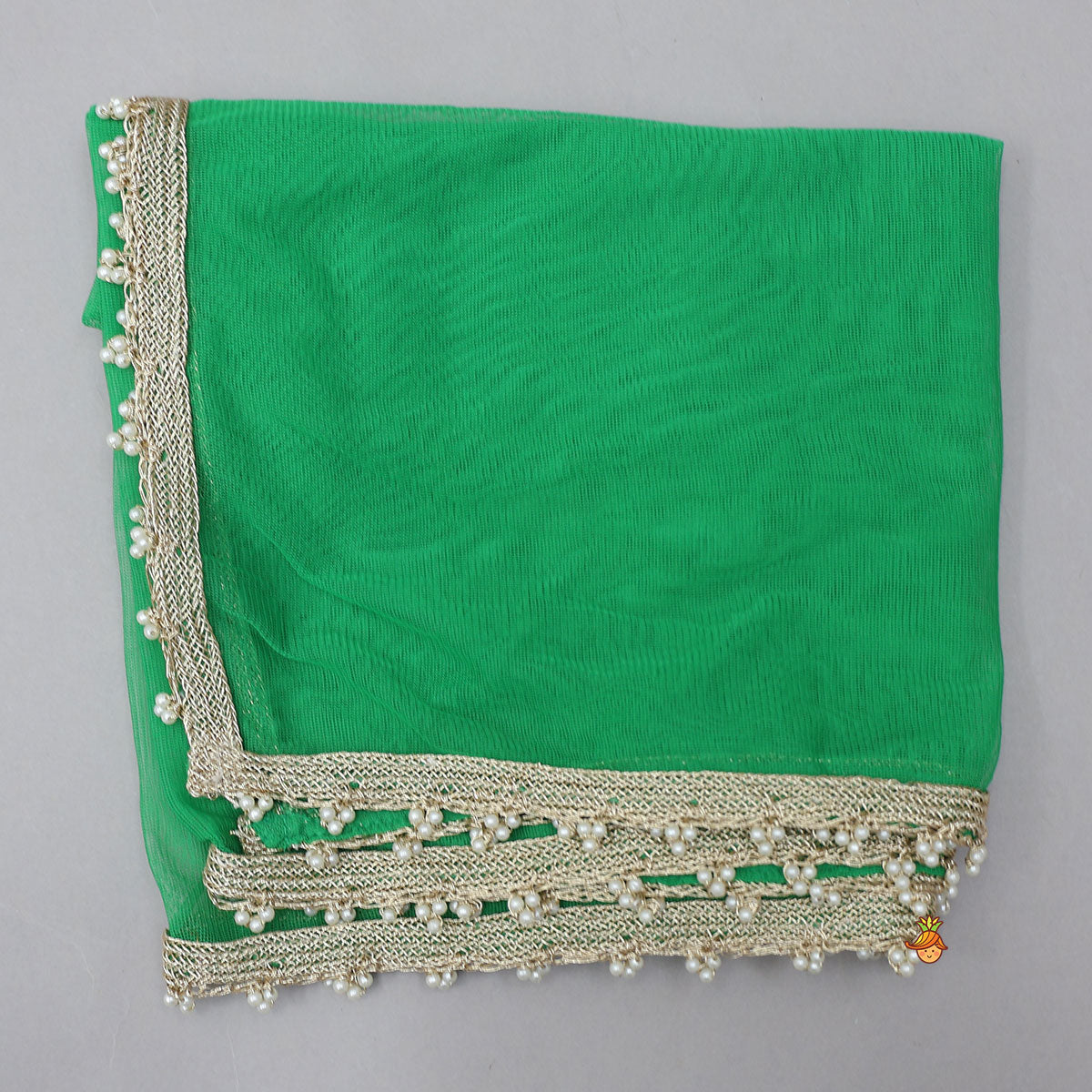 Frilled Neckline Crop Top And Lehenga With Matching Net Dupatta