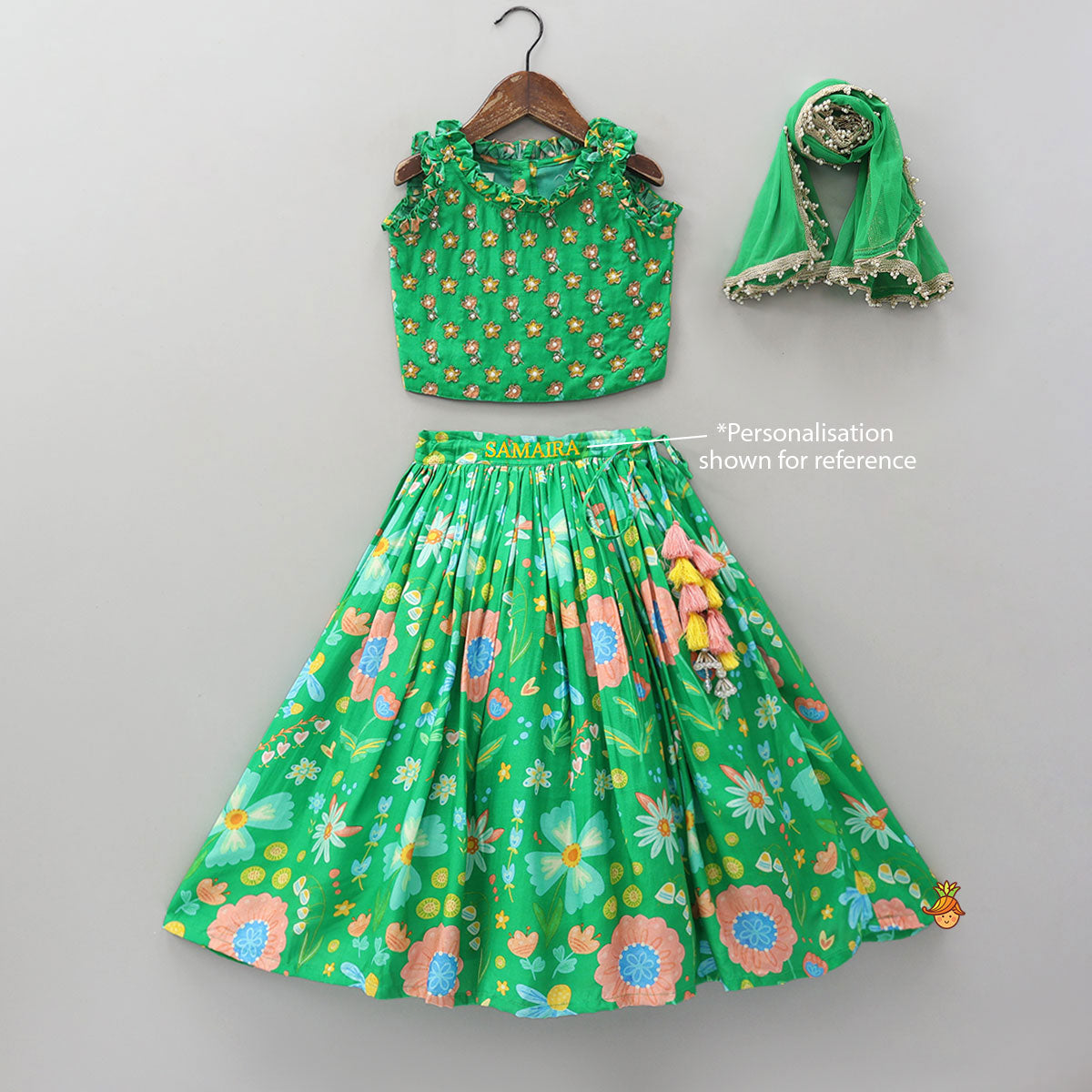 Frilled Neckline Crop Top And Lehenga With Matching Net Dupatta