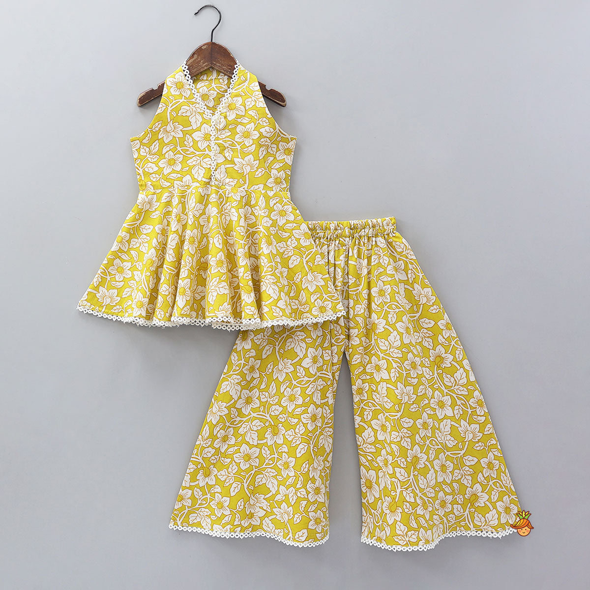 Sleeveless Printed Cotton Kurti And Flared Palazzo With Net Dupatta