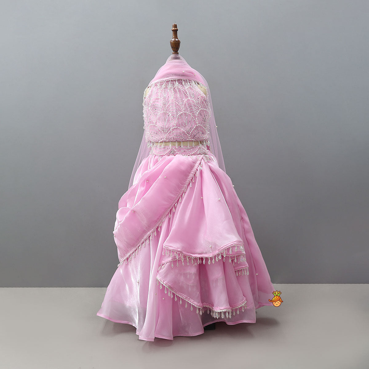 Heavy Embroidered Crop Top And Attached Drape Lehenga With Coordinated Dupatta