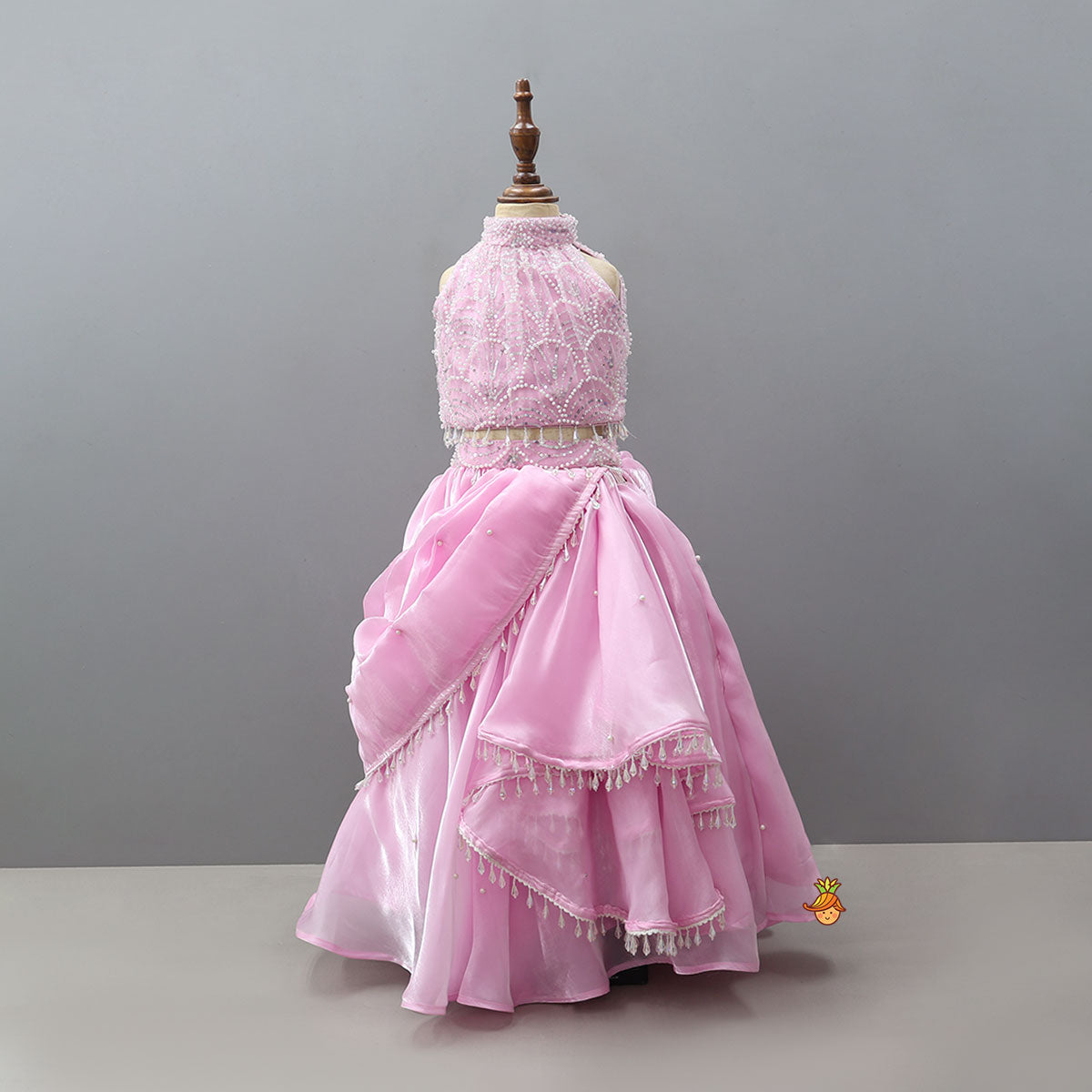 Heavy Embroidered Crop Top And Attached Drape Lehenga With Coordinated Dupatta