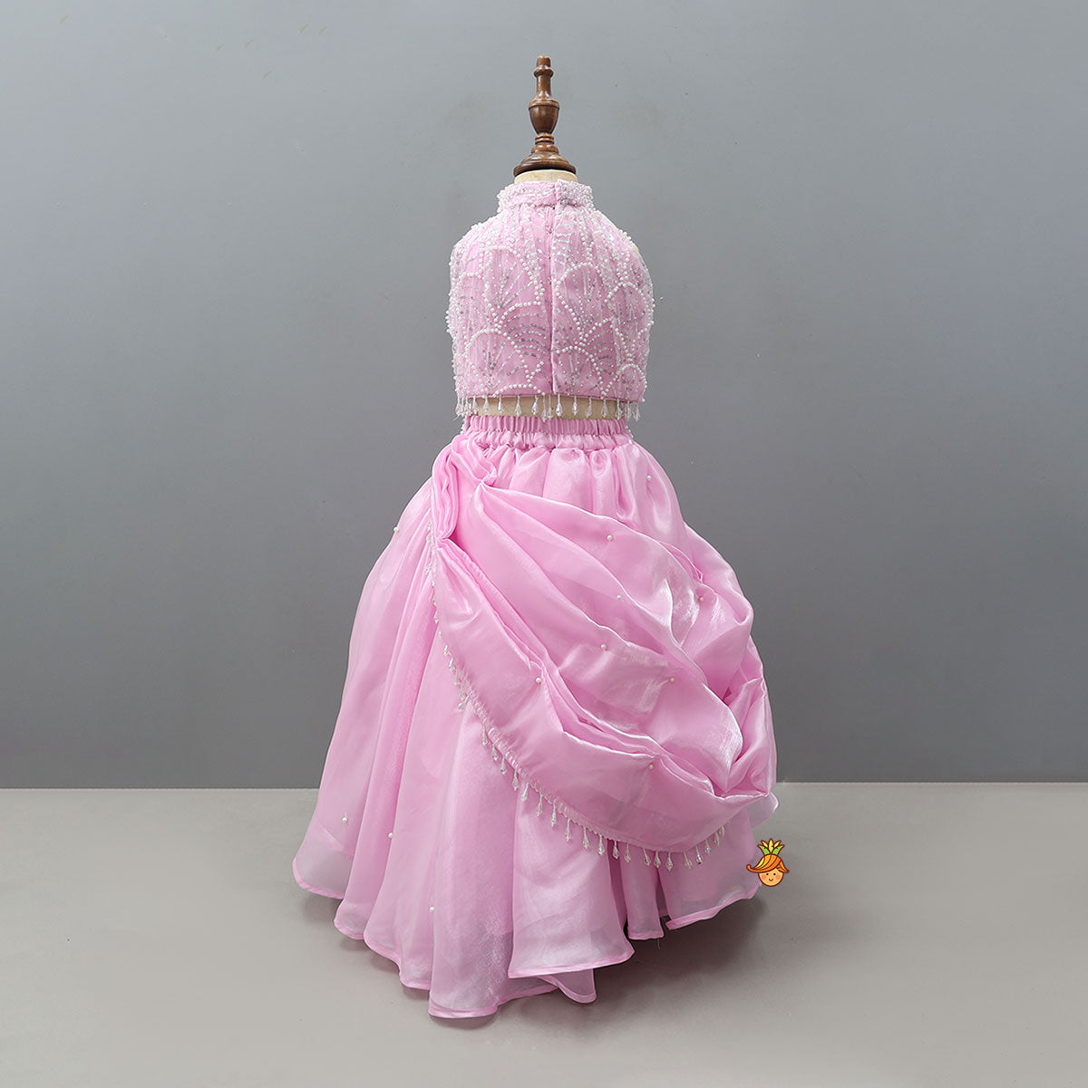 Heavy Embroidered Crop Top And Attached Drape Lehenga With Coordinated Dupatta