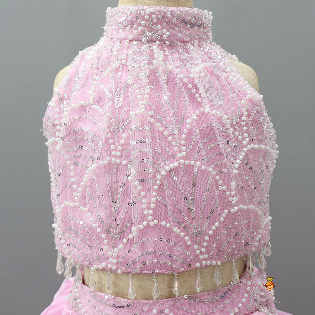 Heavy Embroidered Crop Top And Attached Drape Lehenga With Coordinated Dupatta