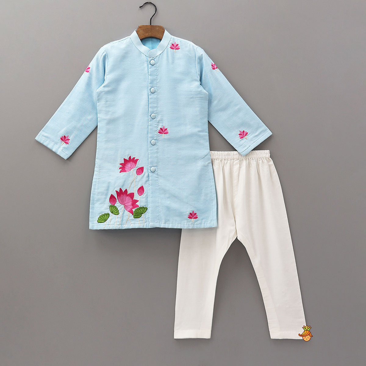 Floral Embroidered Cotton Kurta And Pyjama