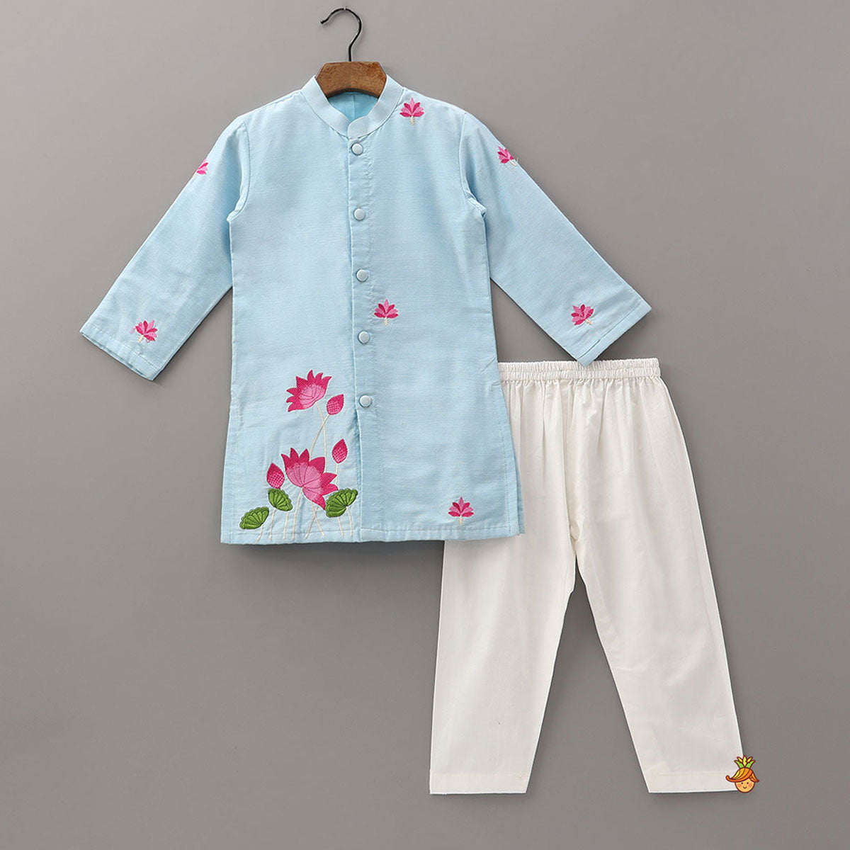 Floral Embroidered Cotton Kurta And Pyjama