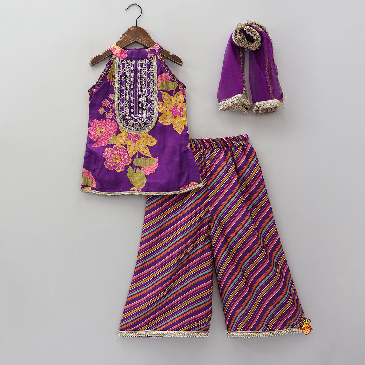 Yoke Embroidered Sleeveless Kurti And Striped Palazzo With Net Dupatta