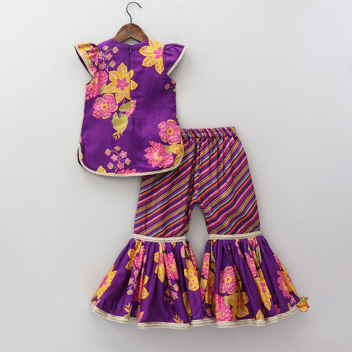 Yoke Embroidered Kurti And Striped Sharara With Net Dupatta