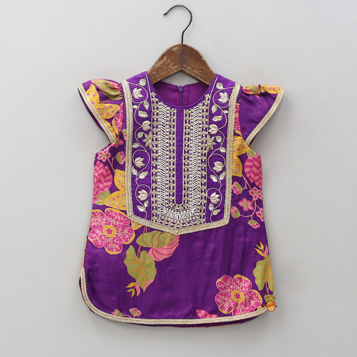 Yoke Embroidered Kurti And Striped Sharara With Net Dupatta