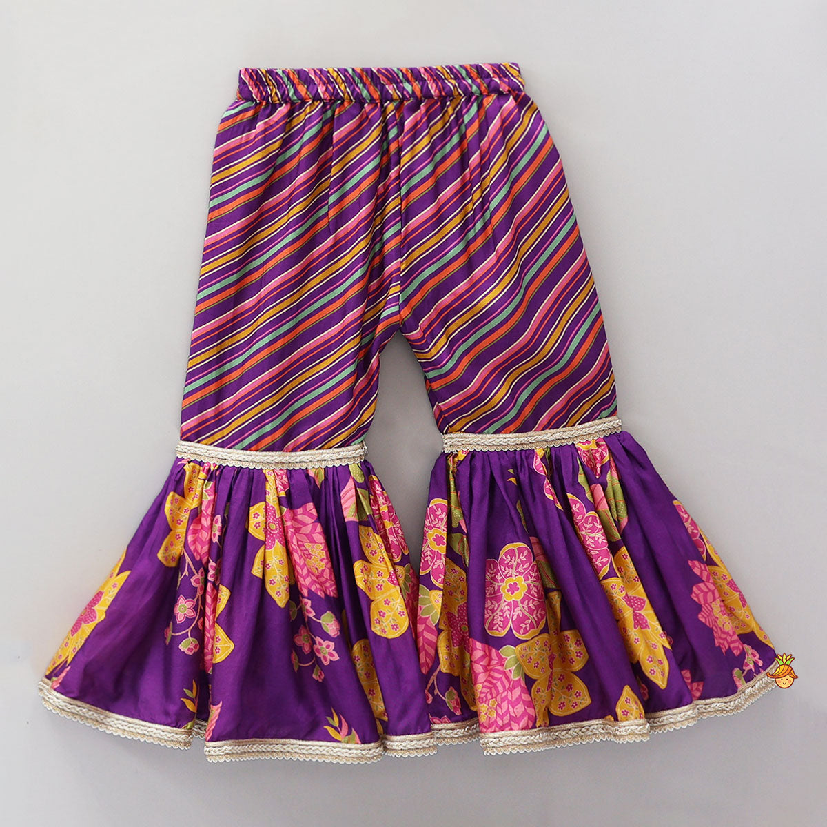 Yoke Embroidered Kurti And Striped Sharara With Net Dupatta